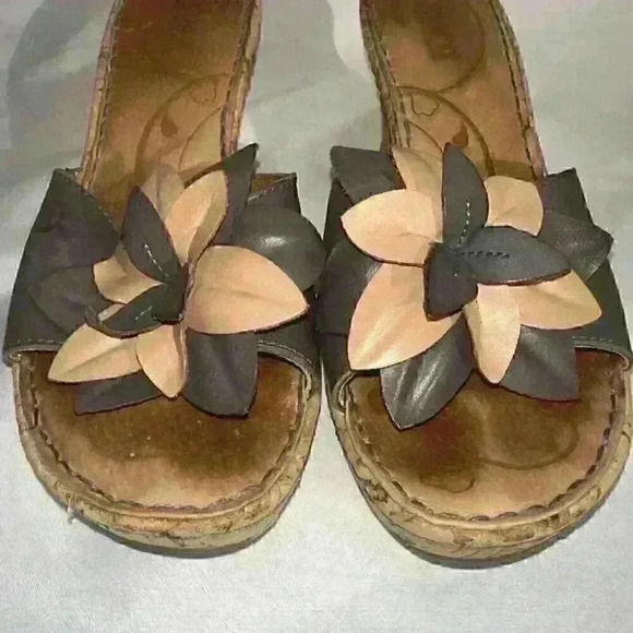 Born B08104 Flower Brown Leather Slip On Cork Wedge Slide Sandals Women's Size 8 - Picture 6 of 12